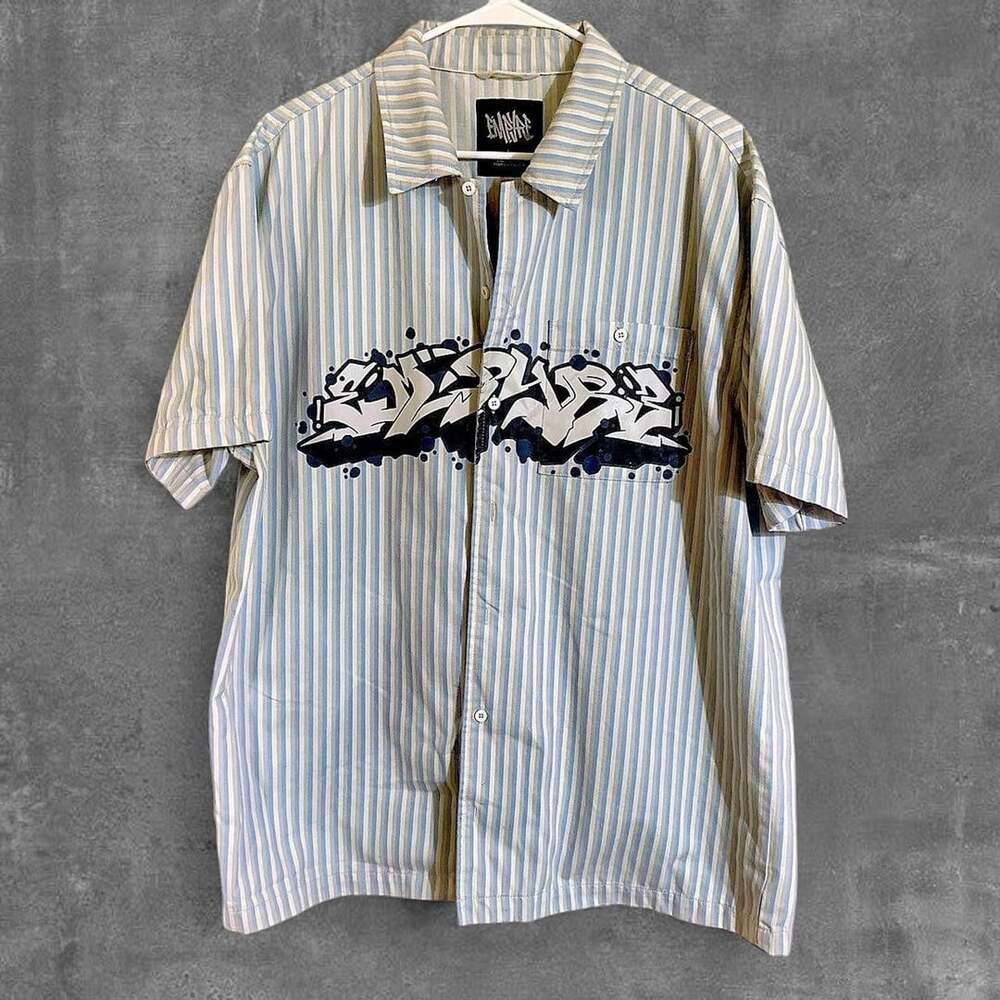 Y2K Skater Style Empyre Mens Large L Striped Button Up Work Shirt Short Sleeve B